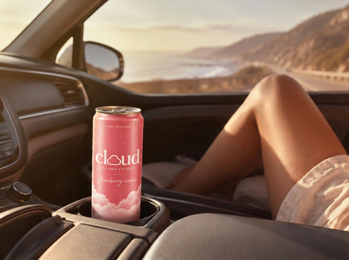 CLOUD can in a car cupholder on a coastal drive